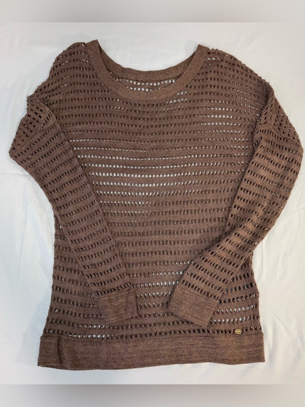 Guess Womens M Metallic Open Knit Sweater Brown Bronze Sheer